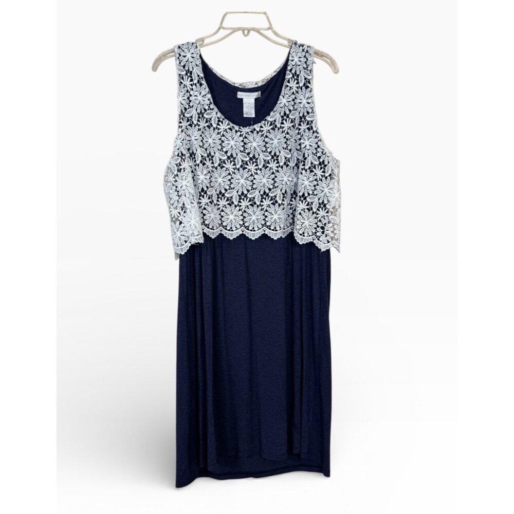 Design History NEW Blue Midi Dress White Lace Overlay Size XL Casual Feminine
